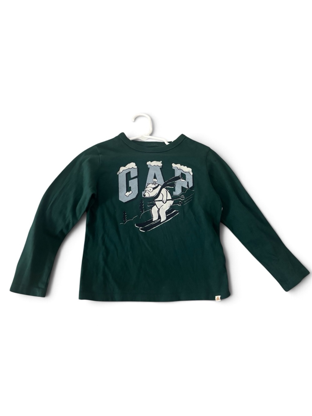 GAP Dark Green Long-Sleeve Tee with Skiing Bear Graphic Size 5